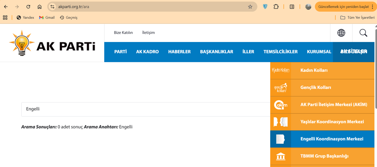 (Görsel betimleme by Grok: Resim, AKP'nin resmi web sitesinin (akparti.org.tr) bir ekran görüntüsünü gösteriyor. Sayfanın üst kısmında 