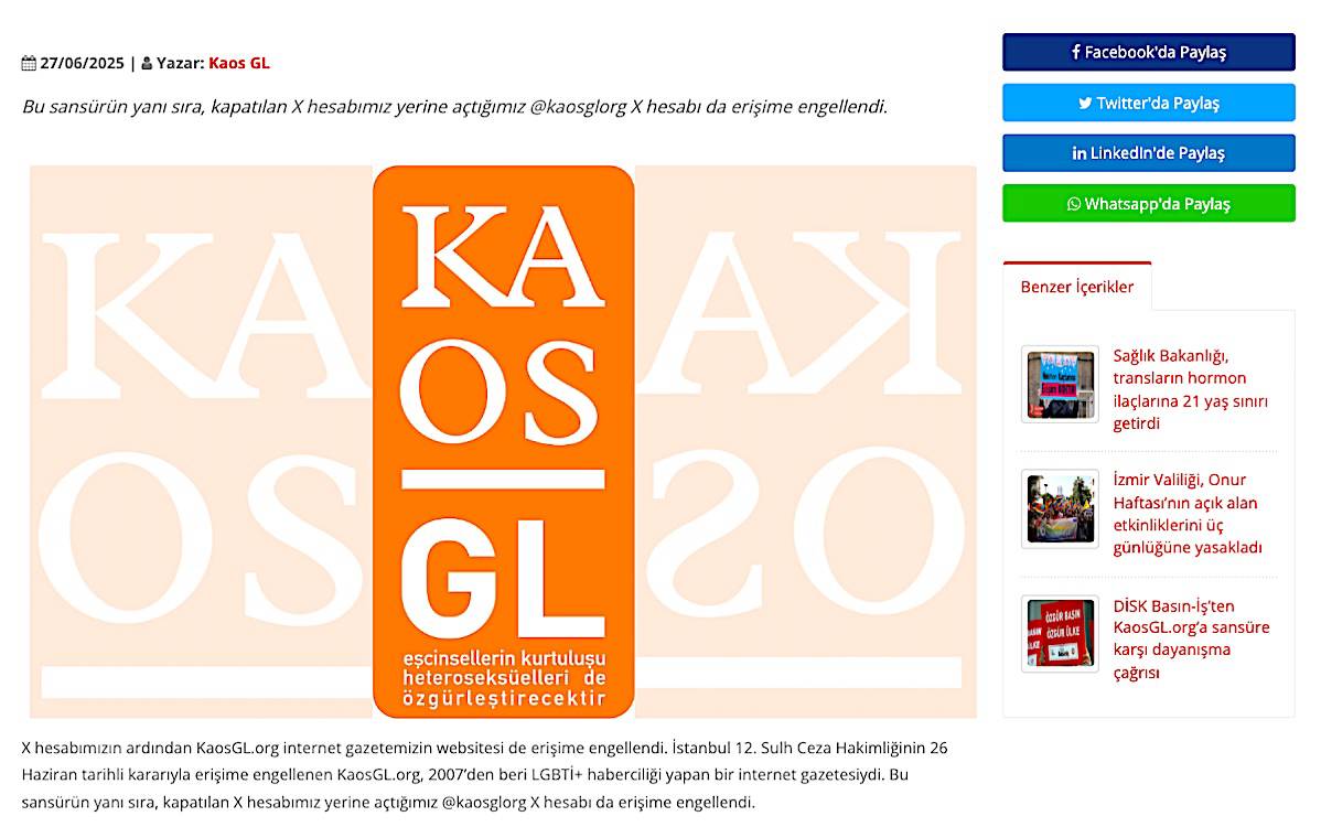 KaosGL internet sayfasına da erişim engeli