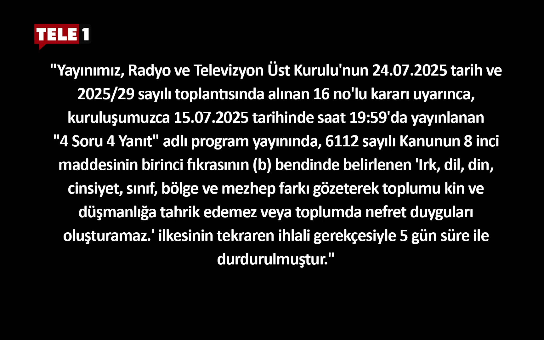 RTÜK, TELE1’i kararttı