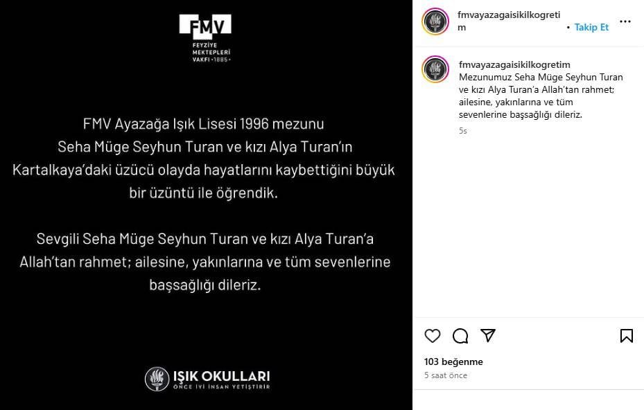 *Turan ailesi için başsağlığı mesajı (Görsel: FMV Ayazağa Işık İlköğretim/Instagram)