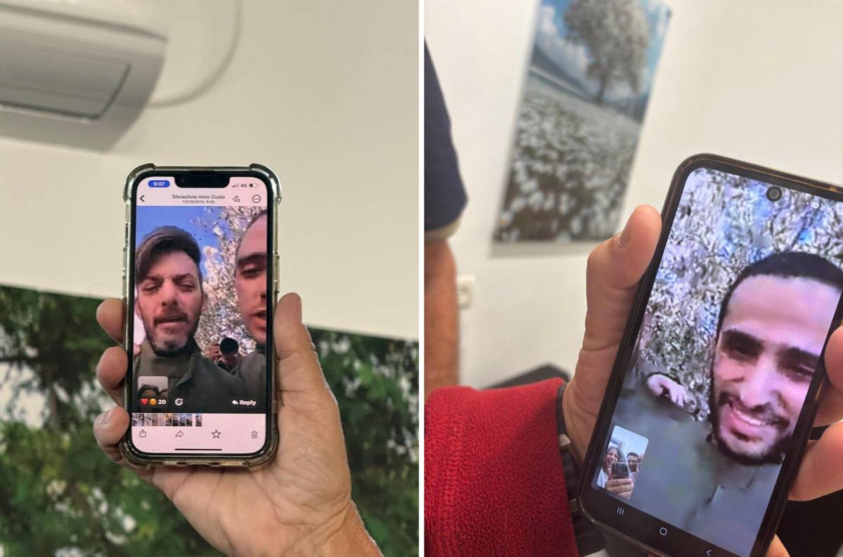 *Nimrod Cohen ve Matan Zangauker yakınlarıyla görüntülü konuşuyor, 13 Ekim 2025. (@talschneider/X)