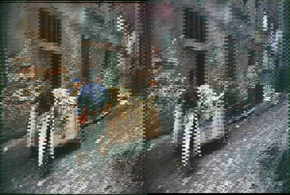 Workers carrying leather