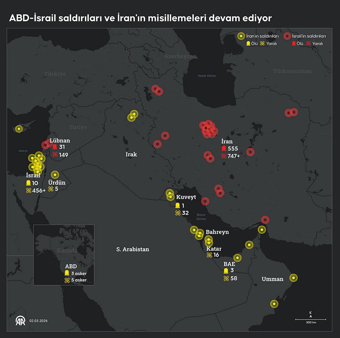 *ABD-İsrail saldırıları ve İran'ın misillemelerini gösteren harita. (Grafik: Anadolu Ajansı)