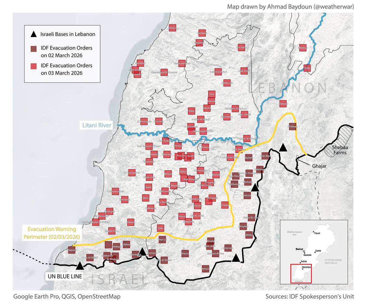 *Açık Kaynak İstihbaratı (OSINT) uzmanı ve mimar Ahmad Baydoun, İsrail ordusunun Güney Lübnan’da 2-3 Mart’ta yayımladığı tahliye emirlerini haritaladı. 105 köy tespit ettiğini belirten Baydoun’a göre, 3 Mart tarihli emir yalnızca sınır hattındaki beldeleri değil, Litani Nehri’nin çok ötesine uzanan ciddi bir genişlemeye işaret ediyor. (Harita: @weatherwar/X)