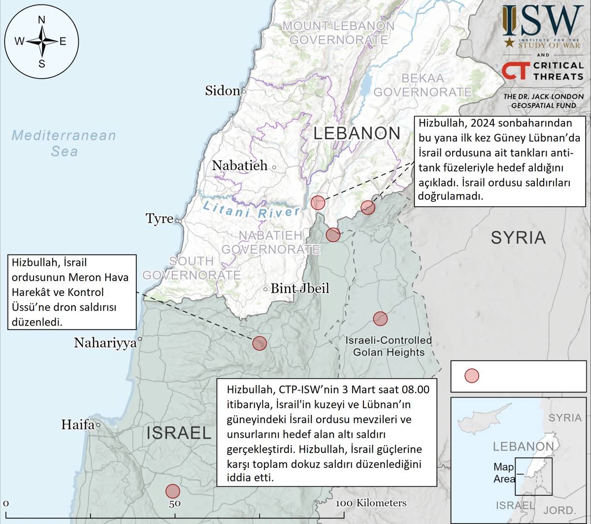 *ABD merkezli Savaş Araştırmaları Enstitüsü (ISW), Hizbullah'ın İsrail ordusuna yönelik saldırılarını haritalandırdı, 3 Mart 2026. (Harita: @TheStudyofWar/X)