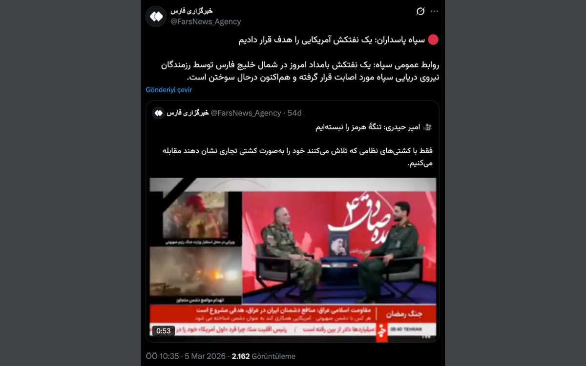 *Fars Haber Ajansı'nın (@FarsNews_Agency) ABD tankerinin vurulduğuna ilişkin X paylaşım.