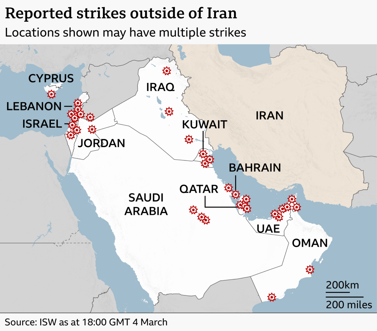 *BBC, İran dışında bölgede saldırıların yaşandığı ülkeleri haritalandırdı, 4 Mart 2026.