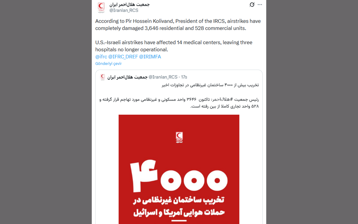 *İran Kızılayı'nın X hesabından (@Iranian_RCS) yaptığı paylaşım.