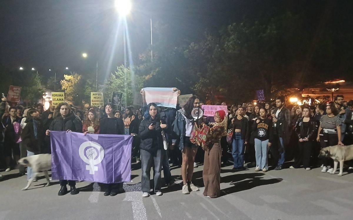 Fotoğrafta, gece vakti düzenlenmiş bir protesto yürüyüşü görülüyor. Kalabalık bir grup, pankartlar ve bayraklar taşıyarak bir araya gelmiş. En önde mor renkte, feminist sembol olan yumruğunu kaldırmış bir kadın işaretinin bulunduğu bir bayrak taşınıyor. Birkaç kişinin elinde megafon ve çeşitli pankartlar var. Pankartlardan birinde "Koruma, aklama, yargıla!" yazısı dikkat çekiyor. Arkada bulunan başka bir pankartta ise "AKP’den hesabı kadınlar soracak" ifadesi yer alıyor. Kalabalık, farklı cinsiyetlerden ve yaşlardan insanları barındırıyor, bazıları ellerinde LGBTİ+ bayrakları taşıyor. Eylemciler ciddi bir ifade ile, birlikte durarak erkek şiddetine karşı tepkilerini dile getiriyorlar. Işıklar ve etrafın karanlık olması, eylemin gece saatlerinde yapıldığını gösteriyor.