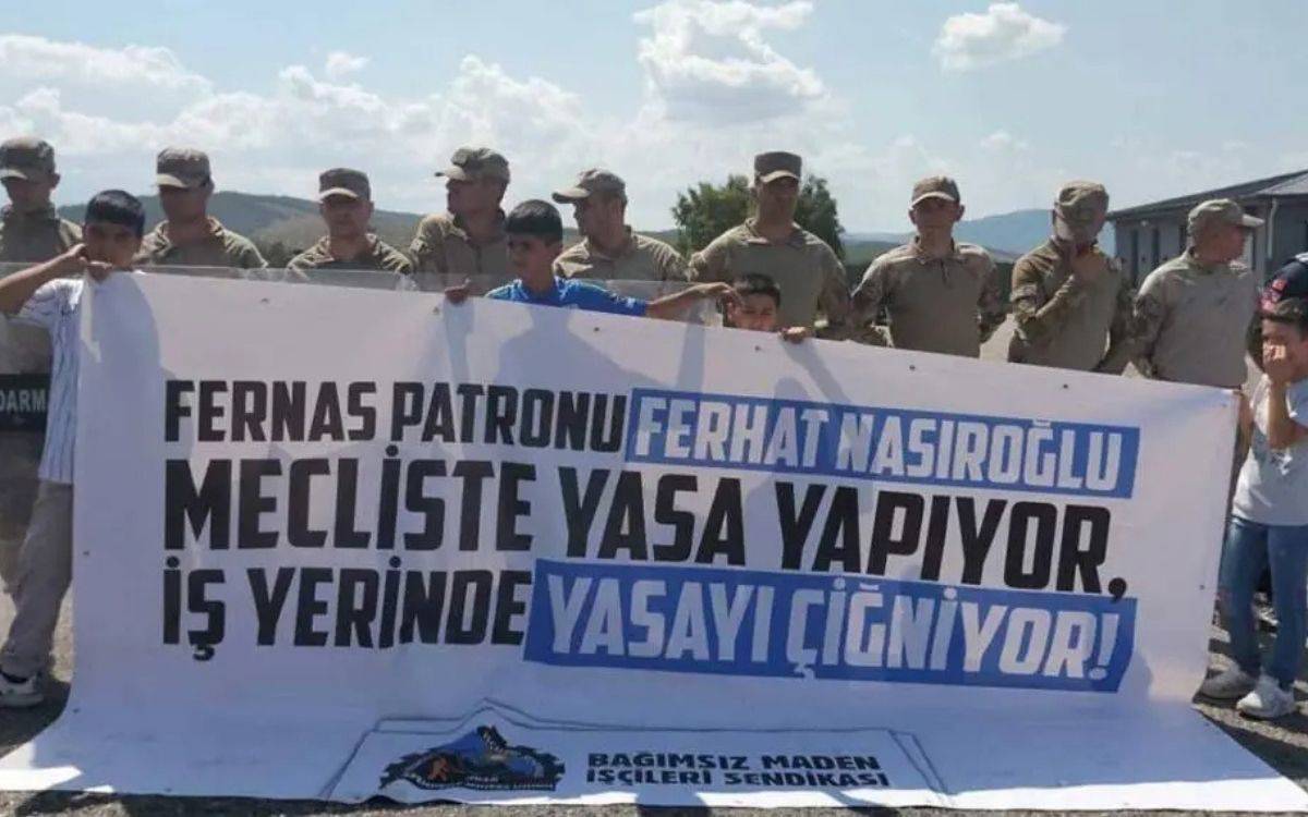 Bu fotoğraf, madenci direnişine destek amacıyla düzenlenen bir protesto ya da basın açıklaması sırasında çekilmiş gibi görünüyor. Fotoğrafın ön planında birkaç çocuk, "Fernas patronu Ferhat Nasıroğlu Mecliste yasa yapıyor, iş yerinde yasayı çiğniyor!" yazılı büyük bir pankart tutuyor. Pankartın altında "Bağımsız Maden İşçileri Sendikası"nın logosu ve adı yer alıyor. Arka planda ise bir dizi asker ya da güvenlik görevlisi nöbet tutar bir şekilde sıralanmış.  Pankart, Fernas Madencilik'in sahibi olan Ferhat Nasıroğlu’nun hem Meclis'te milletvekili sıfatıyla yasa yaparken, hem de iş yerinde işçilerin haklarını ihlal ettiğini vurgulayan güçlü bir mesaj taşıyor. Genel olarak bu fotoğraf, işçi haklarına yönelik taleplerin ve şirket yönetimine yönelik eleştirilerin dile getirildiği bir protestoyu temsil ediyor.