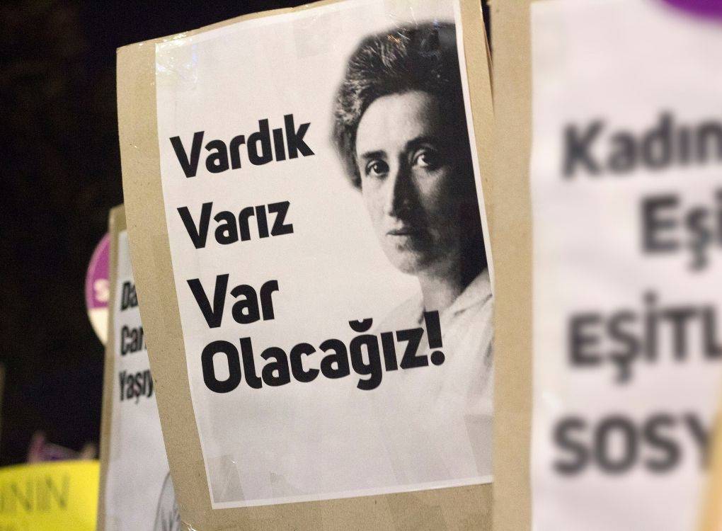 Bu fotoğrafta, bir protesto veya etkinlik sırasında kullanılan bir pankart görülmektedir. Pankartta, ünlü sosyalist ve devrimci düşünür Rosa Luxemburg'un bir fotoğrafı yer alıyor. Rosa Luxemburg'un fotoğrafının yanında ise büyük ve kalın harflerle Türkçe şu ifadeler yazılı: "Vardık, Varız, Var Olacağız!" Bu slogan, tarihsel bir devamlılığı ve var olma mücadelesini temsil ediyor.  Pankartın arka planında başka pankartlar veya afişler de var ancak bulanık olduğu için net bir şekilde okunamıyor. Fotoğraf, bir feminist yürüyüş veya sosyal adalet ile ilgili bir etkinlikte çekilmiş olabilir. Rosa Luxemburg’un yüzü, pankartta verilen mesajın güçlü ve anlamlı bir simgesi olarak yer almakta.