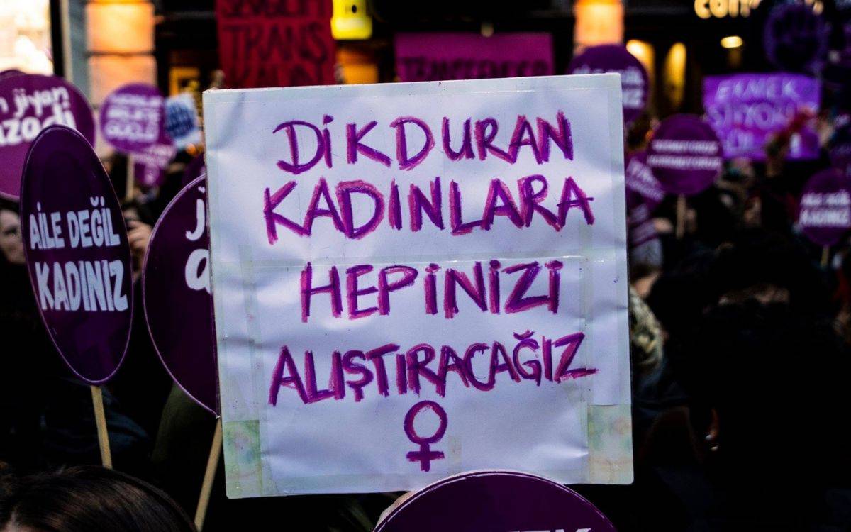 Bu fotoğraf, bir protesto veya gösteri sırasında çekilmiş bir görüntüyü göstermektedir. Fotoğrafta, ellerinde pankart ve dövizler taşıyan insanlar görülüyor. Öne çıkan pankartta büyük harflerle yazılmış Türkçe bir mesaj var: "Dik duran kadınlara hepinizi alıştıracağız" yazıyor. Pankartın altında bir kadın sembolü de bulunuyor.  Arka planda, diğer pankart ve dövizlerin üzerinde de Türkçe yazılar var; bunlardan bazıları "Aile değil kadınız" şeklinde okunabiliyor. Pankartların ve dövizlerin çoğu mor renkli ve beyaz yazılarla yazılmış. Gösteriye katılan insanların çoğunluğu, pankartlarıyla birlikte yoğun bir kalabalık oluşturuyor. Gösterinin gece veya akşam saatlerinde yapıldığı, arka plandaki ışıklandırmalardan anlaşılabiliyor.