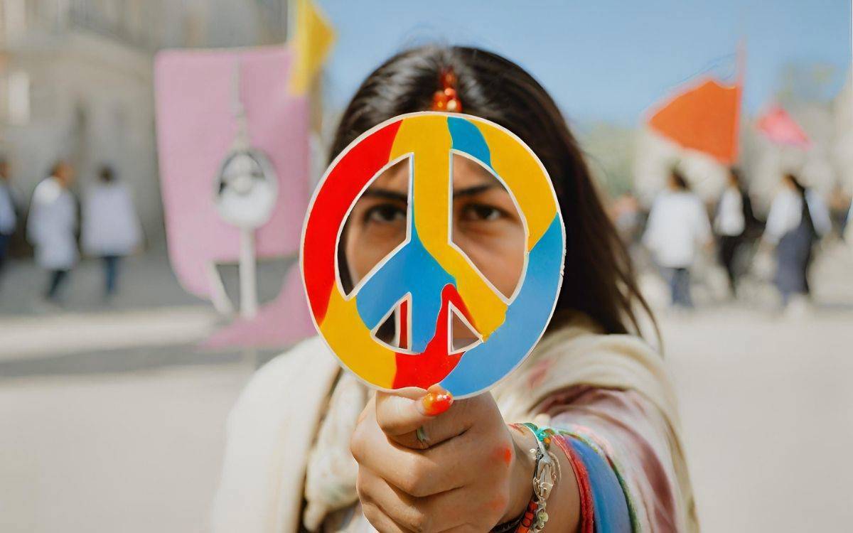 Fotoğrafta, genç bir kadın barış sembolünü (peace sign) elinde tutarak kameraya doğru uzatmış. Sembol, sarı, mavi ve kırmızı renklerle boyanmış. Kadının yüzü, sembolün arkasından görünüyor ve odak noktasında yer alıyor. Arka planda, bir etkinlik ya da barış temalı bir buluşmayı andıran bir ortam var; insanların siluetleri ve renkli bayraklar dikkat çekiyor. Kadının üzerindeki kıyafet ve aksesuarlar, doğal ve geleneksel bir tarzı yansıtıyor. Fotoğrafın genelinde barış, umut ve birlik mesajı öne çıkıyor.