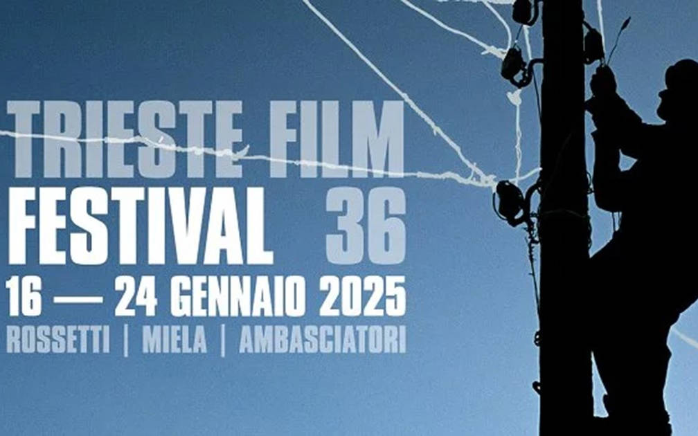 Afişte "TRIESTE FILM FESTIVAL 36" yazısı büyük harflerle dikkat çekiyor. Festival tarihleri olarak "16 – 24 GENNAIO 2025" belirtilmiş. Alt kısımda "Rossetti | Miela | Ambasciatori" ifadeleri yer alıyor. Görselde, sağ tarafta bir elektrik direğine tırmanmış bir işçi silüeti var. Arka plan tamamen mavi bir gökyüzünden oluşuyor ve direğin etrafında elektrik telleri görünmekte.