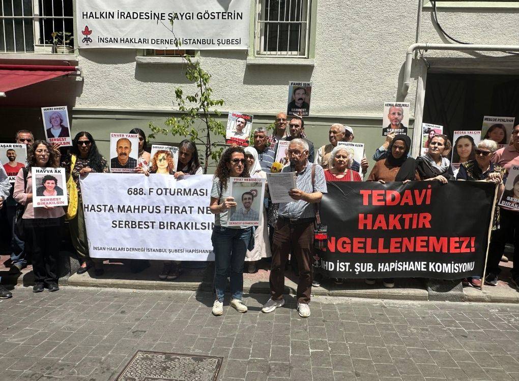 Fotoğraf, İnsan Hakları Derneği (İHD) İstanbul Şubesi önünde gerçekleştirilen 688. F Oturması eylemini göstermektedir. Görselde çoğunluğu kadınlardan oluşan bir grup hak savunucusu, cezaevlerinde sağlık sorunları yaşayan mahpusların serbest bırakılması talebiyle bir araya gelmiş durumda.  Katılımcılar ellerinde çeşitli hasta mahpusların isimlerinin ve fotoğraflarının yer aldığı dövizler taşıyor. En önde iki büyük pankart dikkat çekiyor