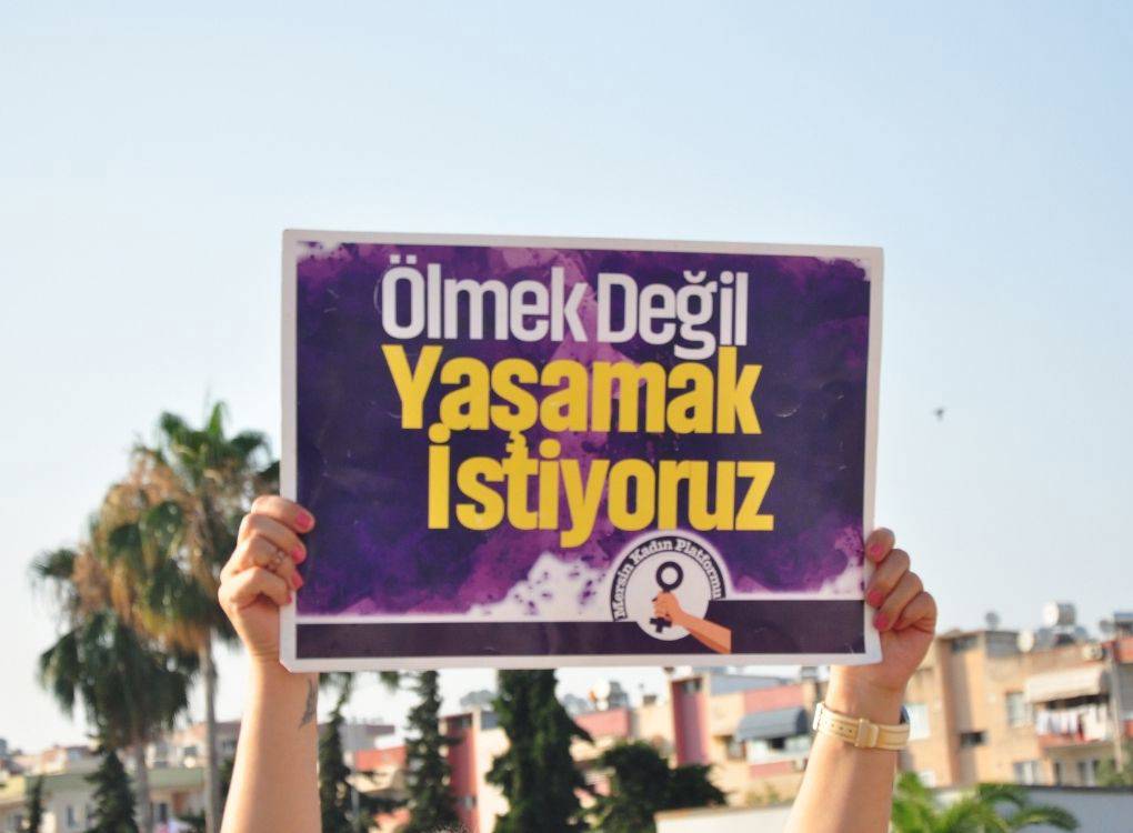 Fotoğrafta açık havada düzenlenen bir protesto ya da yürüyüş sırasında, iki elin yukarı kaldırdığı bir döviz görülüyor. Dövizde şu ifade yer alıyor: “Ölmek Değil Yaşamak İstiyoruz” Yazının fonu mor tonlarda, harfler ise dikkat çekici şekilde beyaz ve sarı renkle yazılmış. Alt kısmında “Mersin Kadın Platformu” ibaresi yer alıyor; bunun altında ise kadın sembolü taşıyan bir kol ve megafon görseli bulunuyor.