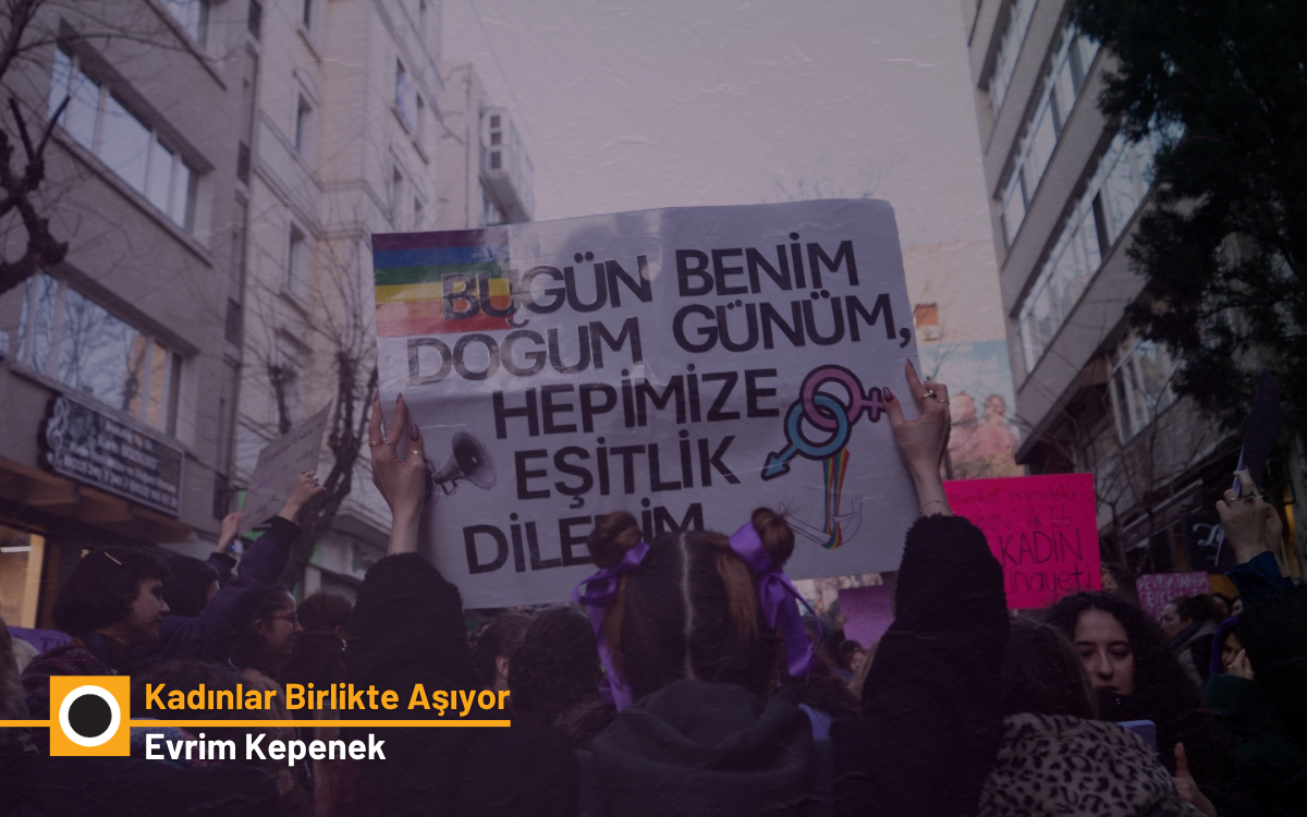 Kalabalık bir protesto ortamında, önde yer alan bir kişi saçlarını iki yandan topladığı ve mor kurdelelerle bağladığı saç modeliyle dikkat çekiyor. Bu kişi, büyükçe bir pankartı iki eliyle yukarı kaldırmış durumda. Etrafında başka eylemciler de var; onların da ellerinde pankartlar bulunuyor. Tuttuğu pankartta büyük harflerle “HEPİMİZE EŞİTLİK DİLERİM” ve üst kısımda tam olarak okunmayan başka bir ifade yer alıyor. Pankartın sağ tarafında iç içe geçmiş kadın–erkek sembollerinin bir varyasyonu var; sembollerin içinden geçen çizimlerde gökkuşağı renkleri kullanılmış. Sol tarafta bir megafon resmi yer alıyor.