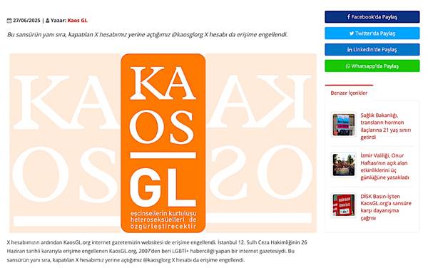 KaosGL internet sayfasına da erişim engeli