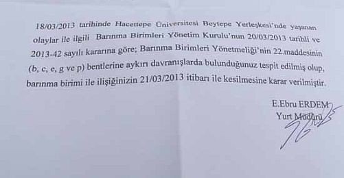 "Hacettepe Rektörlüğü Bildirdi, Öğrencileri Yurttan Attık"
