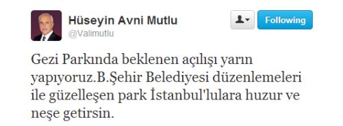 Vali: Gezi Parkı Yarın Açılıyor
