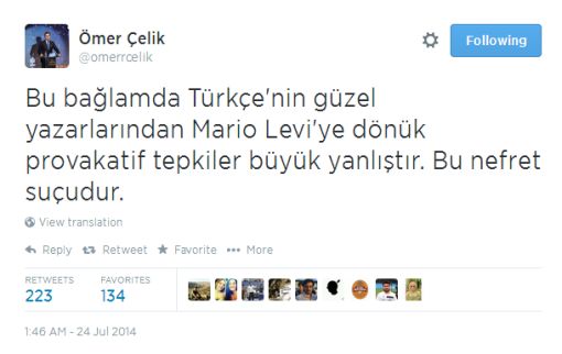 Minister Decries Hate Speech Against Writer Levi from Turkey