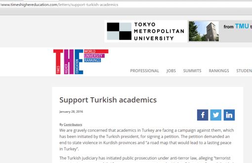 Support for 'Academics for Peace' from Times Higher Education
