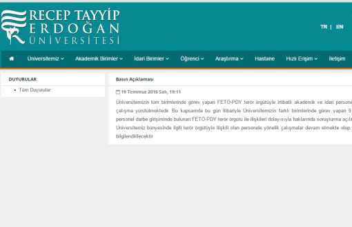 Recep Tayyip Erdoğan Üniversitesi'nde 11 Personel Açığa Alındı