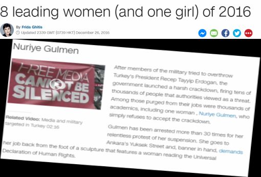 CNN, Nuriye Gülmen'i  2016'nın Önde Gelen Sekiz Kadını Arasında Gösterdi