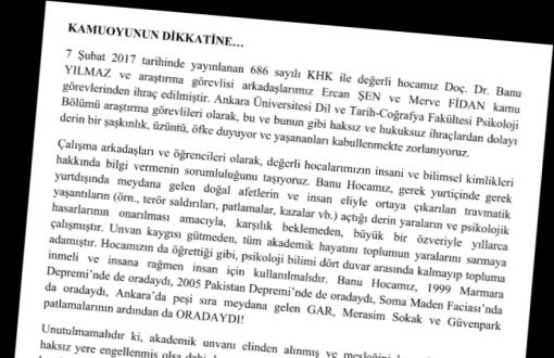 Ankara Psikoloji Bölümü Araştırma Görevlilerinden İhraçlara Tepki 