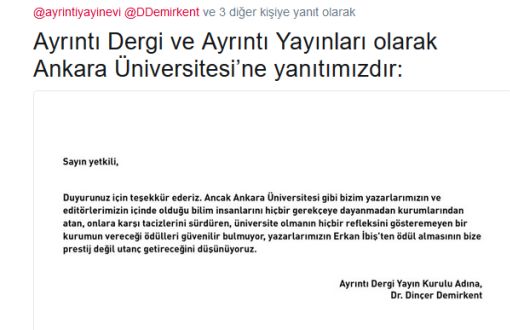 Ayrıntı’ndan Ankara Üniversitesi’ne Yanıt: Yazarlarımızın Erkan İbiş’ten Ödül Alması Utanç Olur