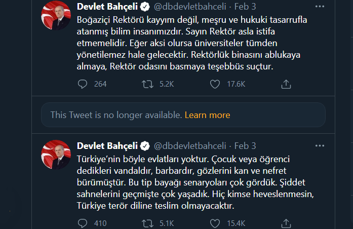 Twitter blocks MHP leader's tweet against Boğaziçi protesters