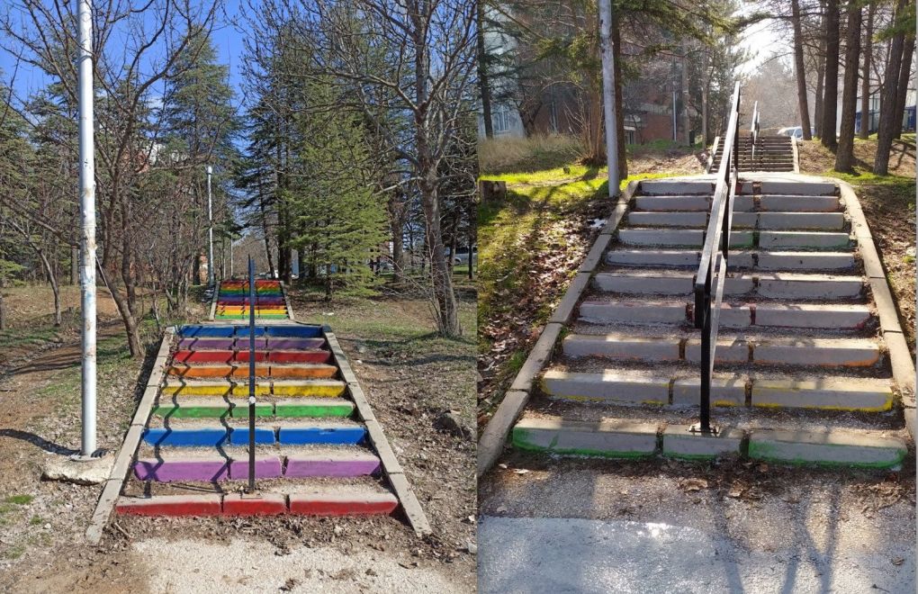 Stairs in rainbow colors painted in gray at METU campus