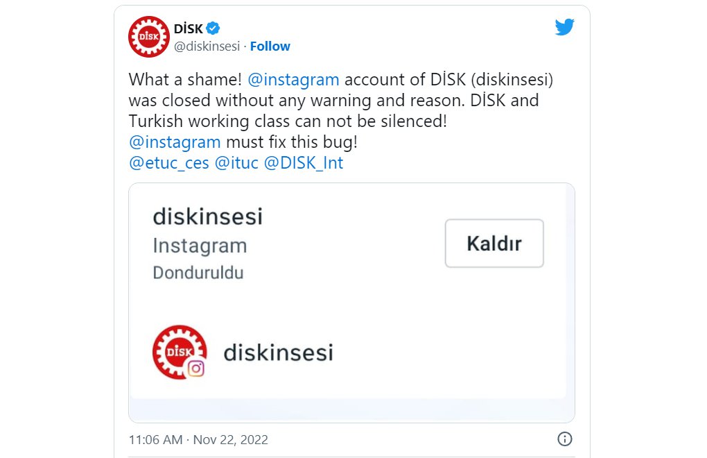 Instagram DİSK’in hesabını kapattı