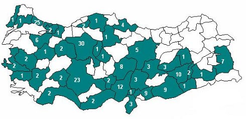 30 Kasım 2009 itibarıyla, domuz gribinden ölümlerin illere göre dağılımı.