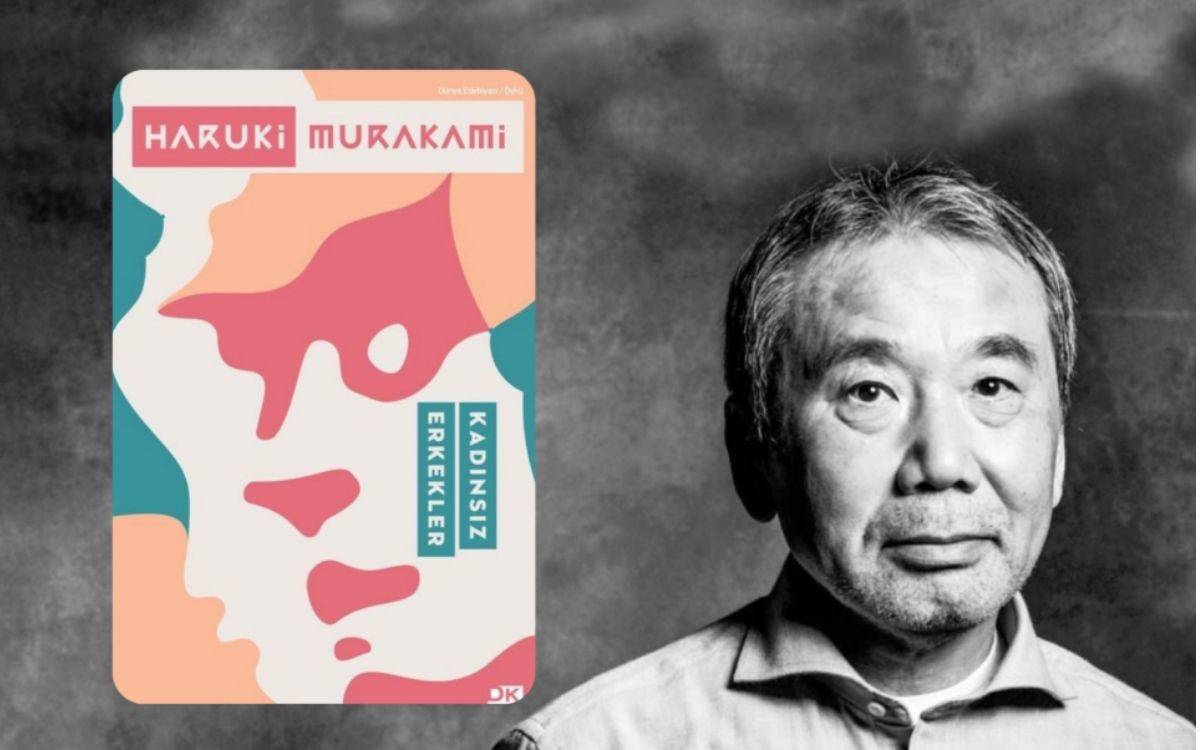 Görselde, ünlü Japon yazar Haruki Murakami'nin siyah beyaz bir portresi sağ tarafta yer alıyor. Murakami ciddi bir ifadeyle kameraya bakıyor, yüzünde hafif bir gülümseme var. Sol tarafta ise Murakami’nin "Kadınsız Erkekler" adlı kitabının kapağı bulunuyor. Kitap kapağı renkli soyut bir tasarıma sahip, pembe, mavi ve turuncu tonlar kullanılmış.