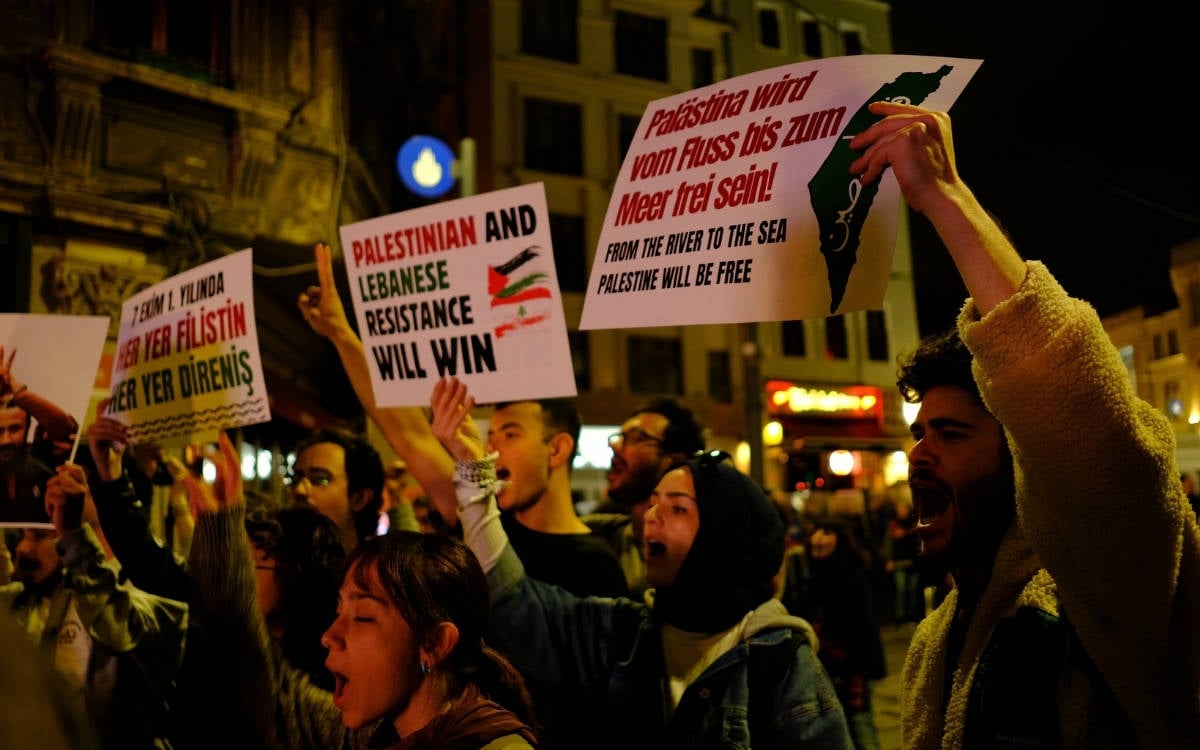 Fotoğrafta, gece düzenlenen bir protesto ya da dayanışma gösterisi görülüyor. Kalabalık bir grup insan, çeşitli pankartlar ve dövizler taşıyor. İnsanlar, ellerindeki pankartlarla Filistin'e ve Lübnan'a destek veriyor. Pankartlardan birinde "Palestinian and Lebanese resistance will win" (Filistin ve Lübnan direnişi kazanacak) ifadesi yer alıyor. Bir başka pankartta ise İngilizce ve Almanca olarak "From the river to the sea, Palestine will be free" (Nehirden denize, Filistin özgür olacak) yazısı ve Filistin haritası bulunuyor.