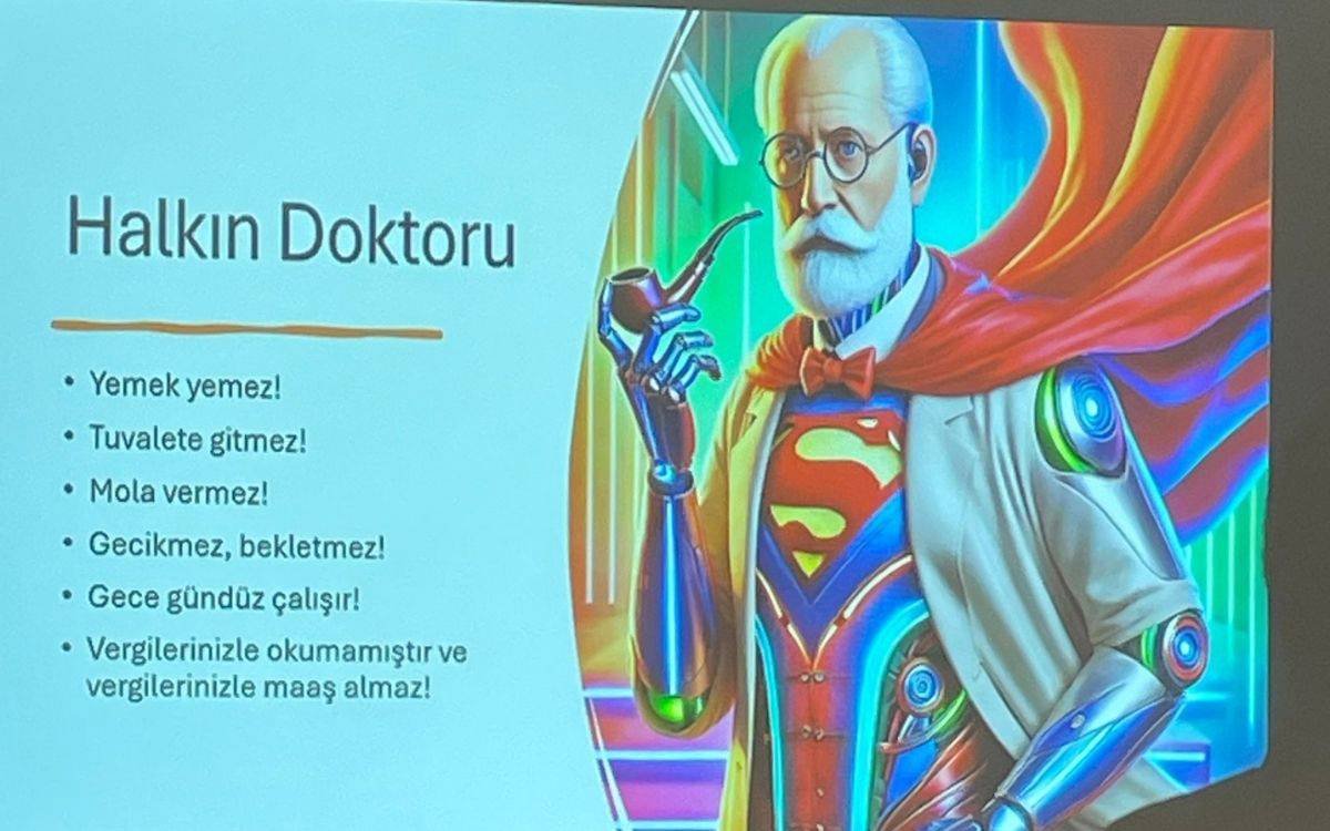 Görselde, "Halkın Doktoru" başlıklı bir slayt yer almakta. Sağ tarafta, çizgi roman tarzında bir robotik doktor figürü görünüyor. Bu figür, Sigmund Freud’a benzeyen yaşlı bir adamın özelliklerini taşıyor: beyaz saçlı ve sakallı, yuvarlak gözlüklü ve pipo içen bir karakter. Ancak, gövdesinde Superman’in ünlü “S” sembolünü taşıyan bir süper kahraman kostümü giymiş. Aynı zamanda, kollarında ve vücudunun bazı yerlerinde mekanik ve robotik parçalar bulunuyor. Üzerinde beyaz bir doktor önlüğü ve kırmızı bir pelerin var, bu da onu hem kahraman hem de doktor olarak simgeliyor.