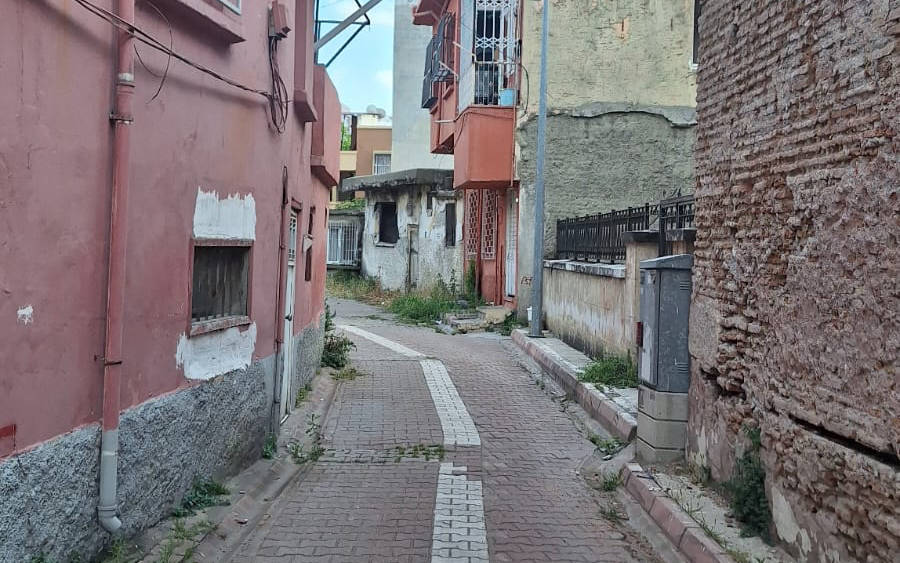 Fotoğrafta, dar bir sokak görülüyor. Sokak eski binalarla çevrili ve kaldırımda kilit taşı döşemesi yapılmış. Binaların çoğu bakımsız durumda; sıvaları dökülmüş, duvarlarında yıpranma izleri mevcut. Sol tarafta pembe renkte bir bina var, duvarında yıpranmış ve boyası kalkmış bölgeler bulunuyor. Sağ tarafta ise eski taş yapıya ait duvar detayları göze çarpıyor.  İleride küçük bir yapı veya köhne bir bina görünüyor; bu yapı da oldukça eski ve bakımsız bir durumda. Sokakta fazla bitki örtüsü bulunmuyor, ancak yerde bazı otlar ve bitkiler çıkmış. Genel olarak, terkedilmiş veya ihmal edilmiş bir mahalle atmosferi veren bir sokak sahnesi.