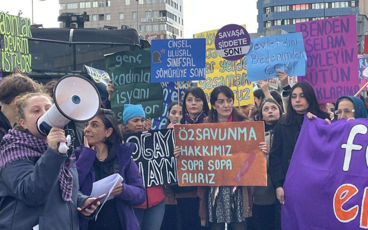 Görselde, bir protesto sırasında çekilmiş bir kalabalık görünmekte. Çeşitli pankartlar ve dövizler taşınıyor. Katılımcılar arasında farklı yaşlarda kadınlar yer almakta ve farklı mesajlar içeren pankartlar dikkat çekiyor. Öne çıkan pankartlardan bazıları şu mesajları içeriyor:  "Öz Savunma Hakkımız, Sopa Sopa Alırız" (Turuncu bir zemin üzerine yazılmış). "Cinsel, Ulusal, Sınıfsal Sömürüye Son!" (Mavi zemin üzerine beyaz yazı). "Kadınlar Devrim İstiyor" (Yeşil pankart). "Bedenimden Çek!" (Pembe ve mavi yazılar). En öndeki bir katılımcı megafon kullanarak bir konuşma yapıyor. Arkadaki kalabalık coşkulu bir şekilde destek veriyor. Görüntü, kadın hakları ve toplumsal eşitlik talepleri çerçevesinde yapılan bir eylemi temsil ediyor. Etrafta çeşitli renklerde pankartlar ve farklı ifadelerle güçlü bir dayanışma mesajı yayılıyor.