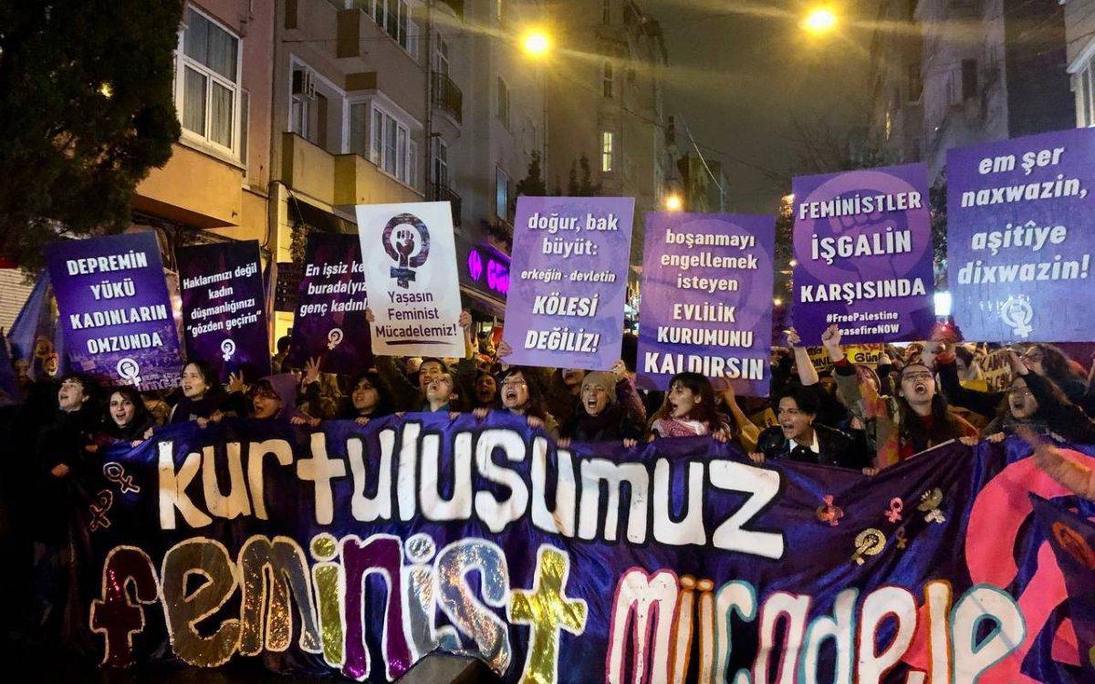 Görselde, bir protesto sırasında çekilmiş bir kalabalık görünmekte. Çeşitli pankartlar ve dövizler taşınıyor. Katılımcılar arasında farklı yaşlarda kadınlar yer almakta ve farklı mesajlar içeren pankartlar dikkat çekiyor. Öne çıkan pankartlardan bazıları şu mesajları içeriyor:  "Öz Savunma Hakkımız, Sopa Sopa Alırız" (Turuncu bir zemin üzerine yazılmış). "Cinsel, Ulusal, Sınıfsal Sömürüye Son!" (Mavi zemin üzerine beyaz yazı). "Kadınlar Devrim İstiyor" (Yeşil pankart). "Bedenimden Çek!" (Pembe ve mavi yazılar). En öndeki bir katılımcı megafon kullanarak bir konuşma yapıyor. Arkadaki kalabalık coşkulu bir şekilde destek veriyor. Görüntü, kadın hakları ve toplumsal eşitlik talepleri çerçevesinde yapılan bir eylemi temsil ediyor. Etrafta çeşitli renklerde pankartlar ve farklı ifadelerle güçlü bir dayanışma mesajı yayılıyor.