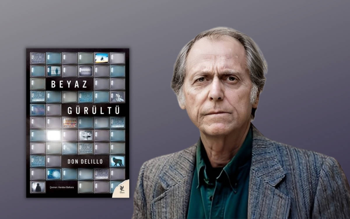 Görselde, Don DeLillo'nun "Beyaz Gürültü" adlı romanının kapak görseli ve yazarın kendisi yer alıyor. Kitap kapağı, birden fazla televizyon ekranını gösteren bir tasarıma sahip, bu da kitaptaki medya eleştirisi temasını yansıtıyor. Don DeLillo, kitabın arka planındaki toplumsal eleştiriyi ve modern yaşamın karmaşasını yansıtan ciddi bir ifadeyle görselde yer alıyor. Bu kombinasyon, eserin temel temalarını ve yazarın duruşunu özetleyen güçlü bir mesaj veriyor.