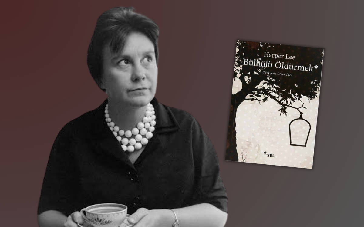 Fotoğrafta solda Harper Lee, sağda ise 'Bülbülü Öldürmek' kitabının kapağı var.