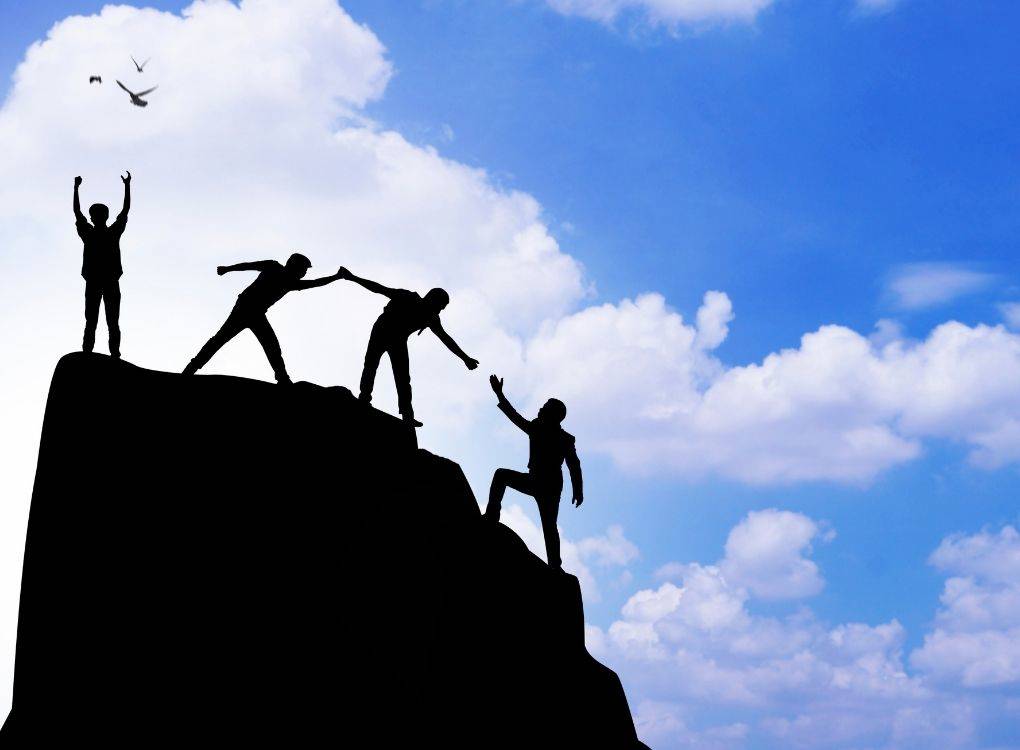 Bu görsel, dayanışma ve iş birliğini sembolize eden çarpıcı bir kompozisyona sahiptir: Bir dağın zirvesine tırmanan dört kişi silüet şeklinde gösterilmiştir. En öndeki kişi, uçurumun kenarında durup zirveye çıkmaya çalışan kişiye elini uzatmaktadır. Ardından gelen iki kişi de birbirine yardım ederek zirveye ulaşmaktadır. En öndeki kişi zirveye ulaşmış ve kollarını zaferle havaya kaldırmış durumdadır. Gökyüzü parlak mavi, bulutlarla süslü ve huzurlu bir arka plan oluşturmaktadır. Uzakta uçan kuşlar ise özgürlüğü ve ulaşılması gereken hedefleri simgele