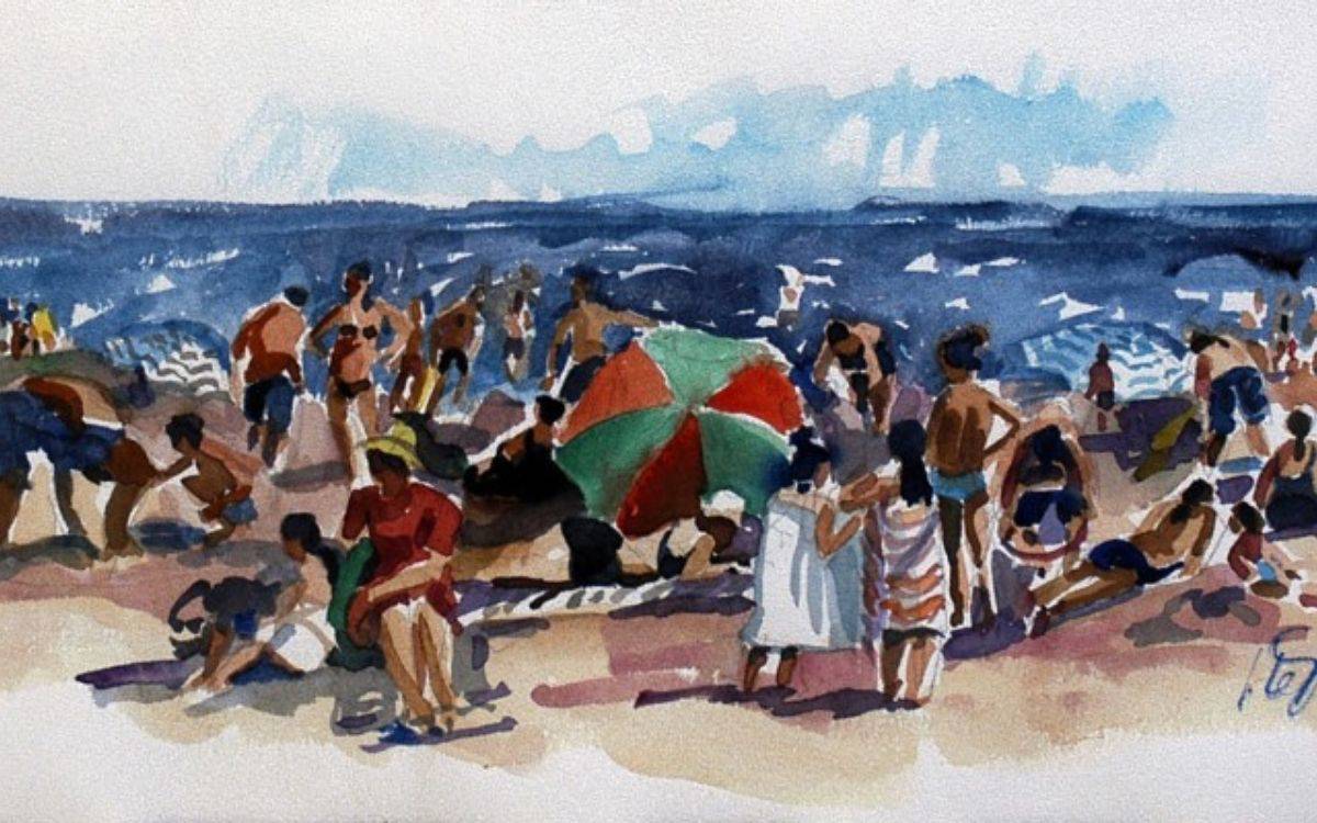Resimde yaz mevsiminin enerjisini yansıtan kalabalık bir plaj görülüyor. Geniş kumsalda, farklı yaş gruplarından birçok insan denizin ve güneşin tadını çıkarıyor. Suluboya tekniğiyle yapılan bu çalışma, yumuşak ve akışkan fırça darbeleriyle sahnenin hareketliliğini ve sıcağını başarıyla yansıtıyor.