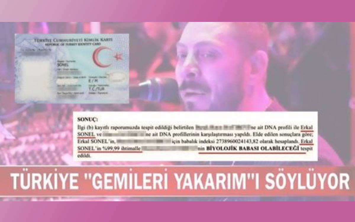 rka planda pembe–mor tonlara boyanmış bulanık bir sahne ışığı atmosferi bulunuyor. Görselin sağ tarafında, mikrofonun önünde şarkı söyleyen bir erkek figürü yer alıyor. Yüzü net şekilde görünse de kimliği belirtilmeksizin, sahne ışıklarının pembe-mor yansımaları yüzüne düşmüş durumda. Sol üst tarafta, Türkiye Cumhuriyeti kimlik kartını andıran bir kart görseli bulunuyor. Kartın üzerindeki bilgiler kısmen silik ya da bulanıklaştırılmış; fotoğraf kısmı da gizlenmiş. Alt orta bölümde, beyaz bir dikdörtgen kutu içinde, DNA testi sonuç raporuna benzeyen metinsel bir belge yer alıyor. Belgedeki kişisel bilgiler sansürlenmiş, yalnızca bazı kelimeler ve sonuç cümleleri okunabilir halde. Metinde bir kişinin yüksek olasılıkla “biyolojik baba olabileceği” yönünde bir ifade geçtiği görülüyor.