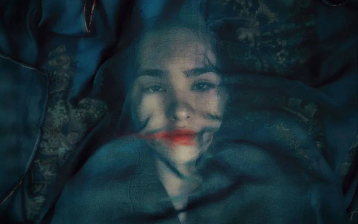 Fotoğrafta, yüzü yarı saydam bir tülün ya da ince bir kumaşın altından görünen bir kadın yer alıyor. Kumaşın dalgalı dokusu yüzün üzerinde bulanık, rüya gibi bir etki yaratıyor. Kadının bakışları sakin ama hüzünlü; gözleri hafifçe aralanmış. Dudakları kırmızımsı bir renkle belirginleşmiş, ancak kumaşın üzerinden geçtiği için dağılıp flu bir hâl almış. Arka plana hâkim olan renk koyu mavi ve yeşil tonlarında; kumaşın dokusu yer yer nakışlı ya da desenli bir yüzey izlenimi veriyor. Genel atmosfer, hem melankolik hem de masalsı bir etki taşıyor—sanki su altında ya da yarı bilinç hâlinde bir görüntü izlenimi uyandırıyor.